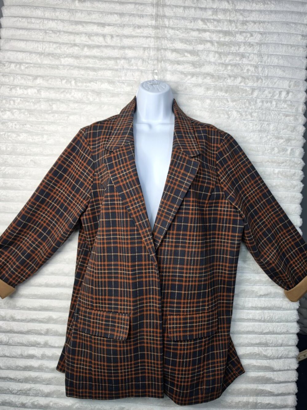 Liverpool Los Angeles Navy Rust Plaid Longline Open Blazer 1X